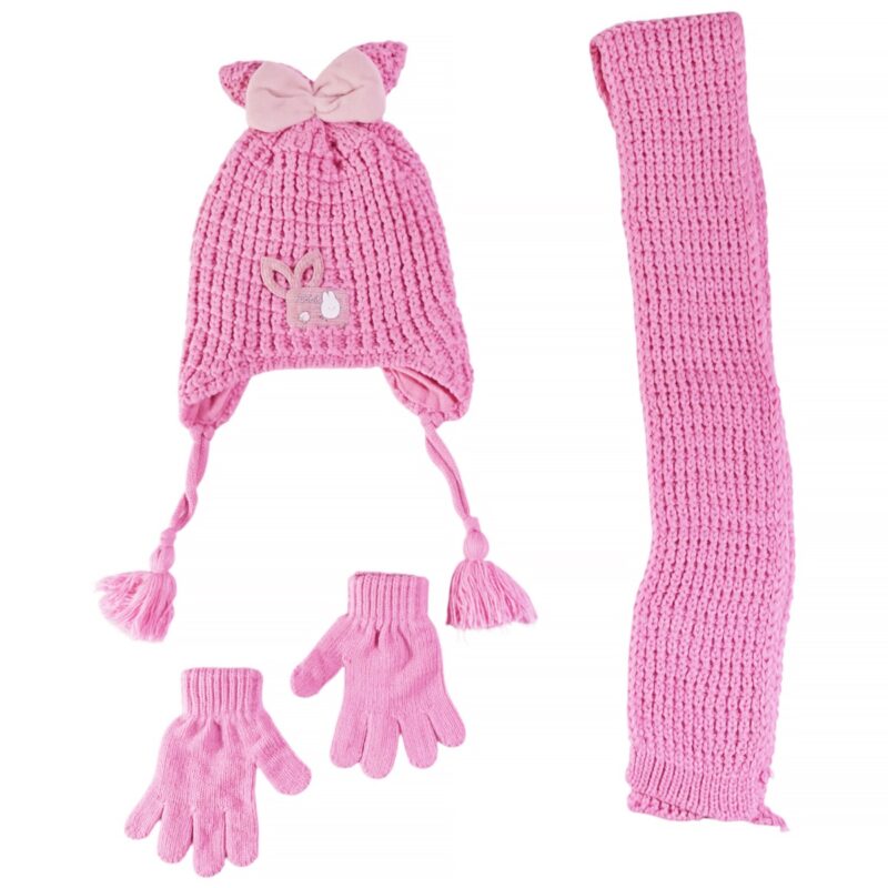 Kitti πλεκτό σετ σκούφος-κασκόλ-γάντια «Fuchsia Cute Rabbit»