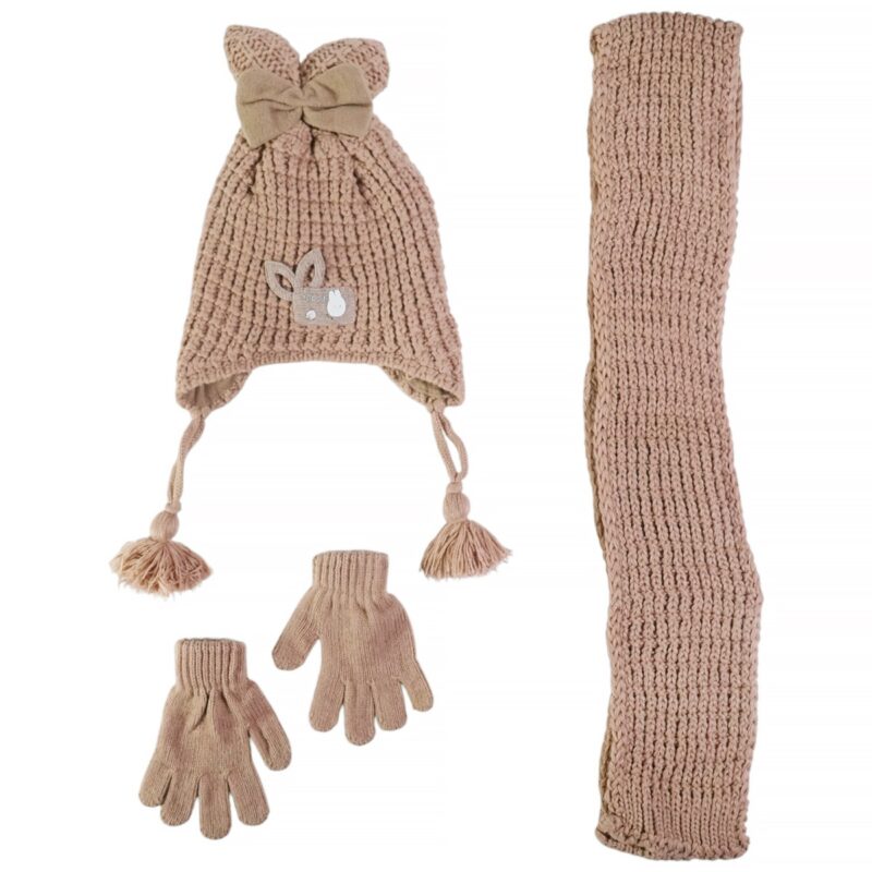 Kitti πλεκτό σετ σκούφος-κασκόλ-γάντια «Brown Cute Rabbit»
