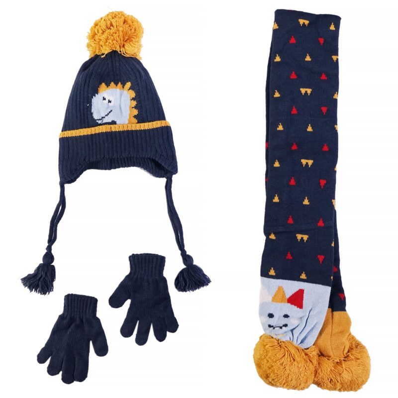 Kitti πλεκτό σετ σκούφος-κασκόλ-γάντια «Blue Dino»