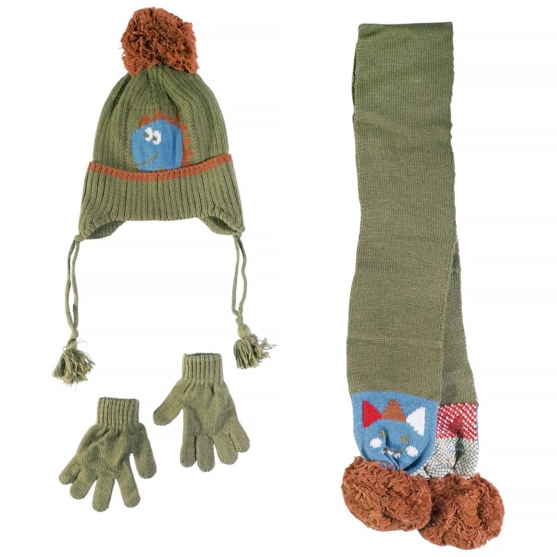 Kitti πλεκτό σετ σκούφος-κασκόλ-γάντια «Green Dino»