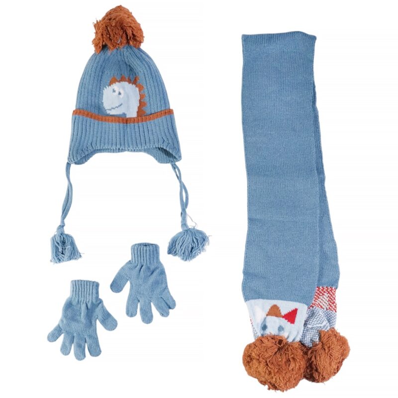 Kitti πλεκτό σετ σκούφος-κασκόλ-γάντια «Light Blue Dino»