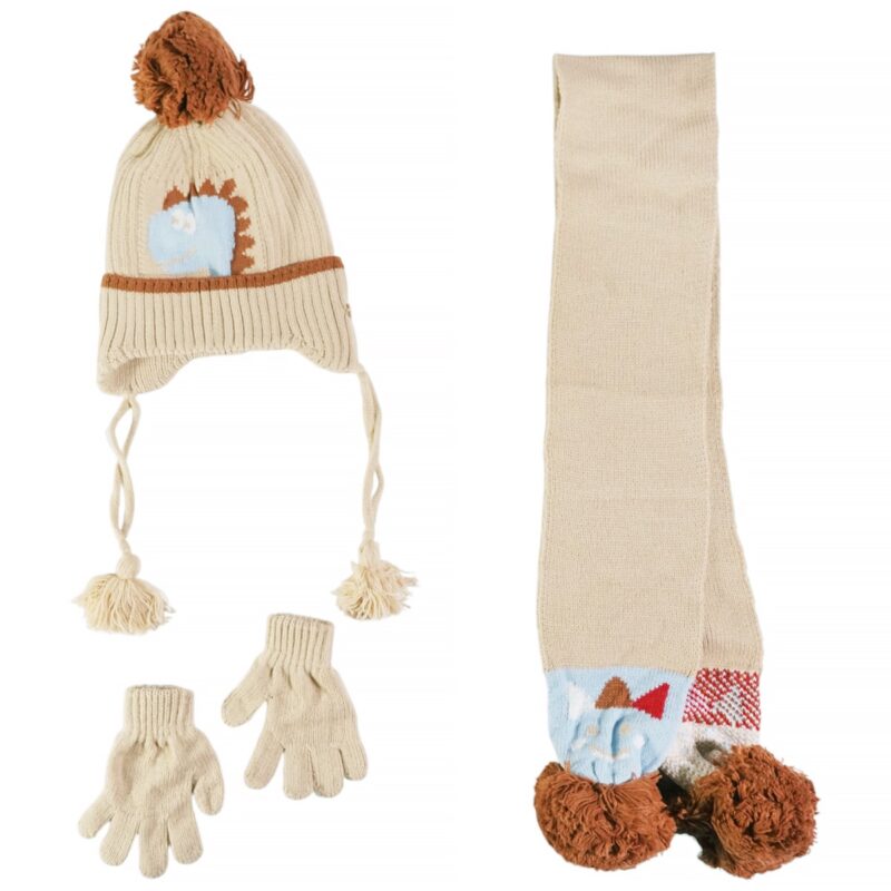 Kitti πλεκτό σετ σκούφος-κασκόλ-γάντια «Beige Dino»