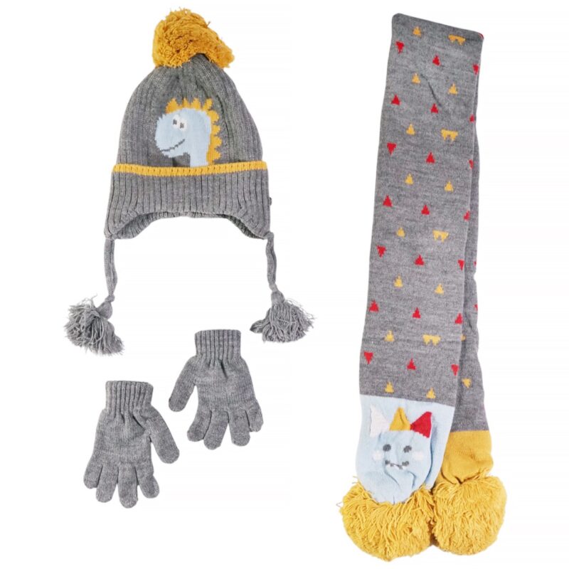 Kitti πλεκτό σετ σκούφος-κασκόλ-γάντια «Gray Dino»