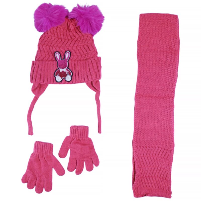 Kitti πλεκτό σετ σκούφος-κασκόλ-γάντια «Fuchsia Little Rabbit»