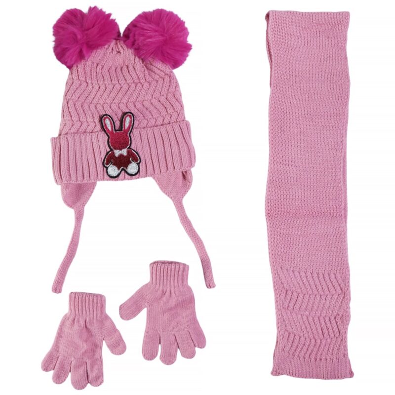 Kitti πλεκτό σετ σκούφος-κασκόλ-γάντια «Purple Little Rabbit»
