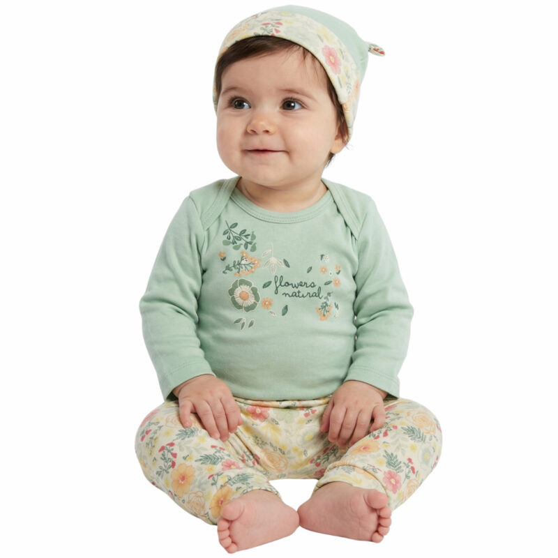 Miniworld σετ κορμάκι, παντελόνι, σκουφάκι από λεπτό ύφασμα «Flowers Natural»