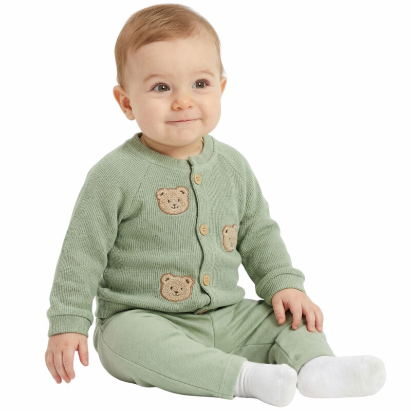 Joyol πλεκτό βρεφικό σετ μπλούζα και παντελόνι «Knit Green Teddies»